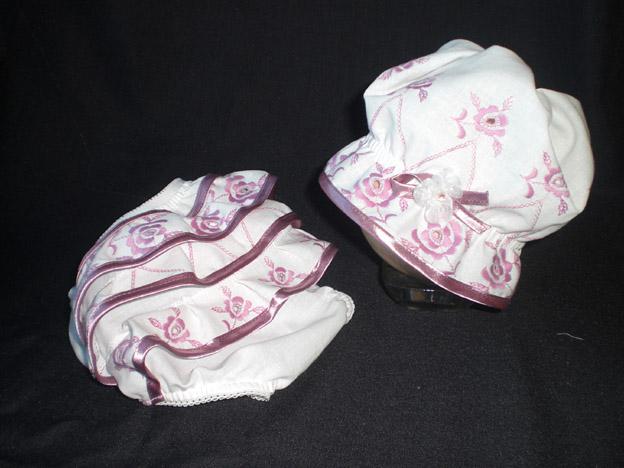 haftowana bawena z lila- majteczki i czapka 3-9mcy